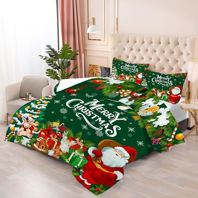 Comforter Set Green Christmas: King Size Merry Xmas Santa Claus Bedding Sets Christmas Tree Snowflakes Quilts for Adults Women Men New Year Decor Bed Set 1 Comforter & 2 Pillowcases