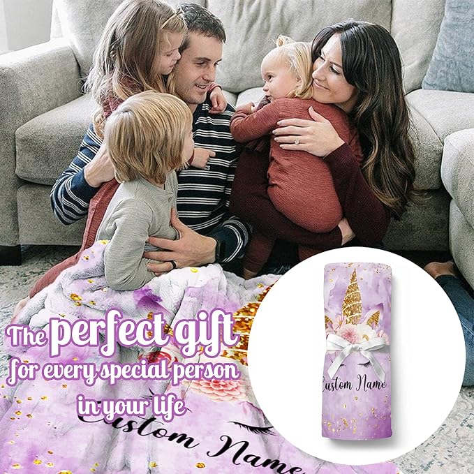 Custom Horse Blanket with Name for Girl, Personalized Name Blanket for Kids, Soft Flannel Purple Toddler Blanket Customized Gift for Birthday Christmas Baby Shower Children Day 40x50in