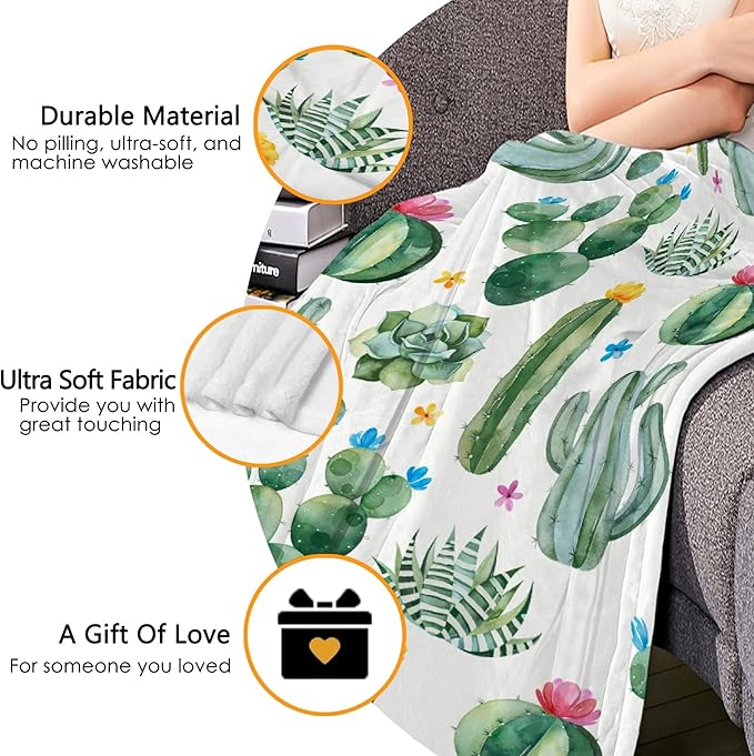 Thuswarm Cactus Flower Succulent Flannel Blanket for Autumn Winter Gifts Warm Cozy Soft Funny Print Throw for Bed Couch Sofa 120”×90” Extra Large for Family