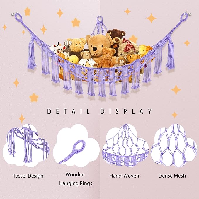 Stuffed Animal Hammock with LED Light, Large Stuffed Animals Storage Corner Plushie Net for Kids Room Decor, Jumbo Purple