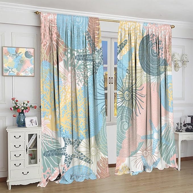 Nautical Blackout Curtain Beach Theme Starfish Seashell Nautical Rustic Ocean Sea Vintage Retro Coastal Summer Bedroom Set 2 Panels,55x63 Inches