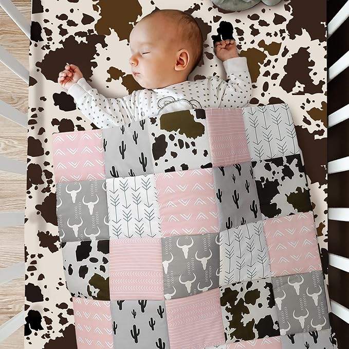 3 Piece Patchwork Western Crib Bedding Set for Boys Girls Cow Cactus Print Baby Bedding Barnyard Western Nursery Decor Soft Baby Bed Set Includes Quilt Fitted Crib Sheet Bed Skirt (Cowgirls)