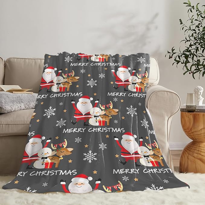 Snowman Santa Claus Throw Blanket for Girls Boys Women Men Kids Adults Soft Flannel Fleece Blanket for Couch Sofa Bed Home Decor 50"x60"