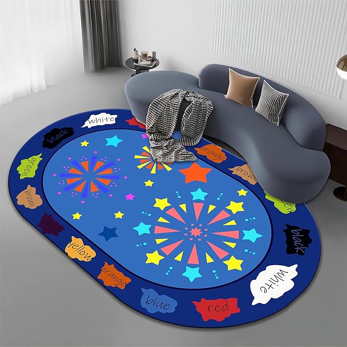 Kids Educational Rug, 5x7ft, Children's Area Rugs for Learning Colors and Shapes, Stars Firework Pattern Oval Rug for Classroom Playroom, Soft Non-Slip Blue Floor Mat for Boys Girls Bedroom