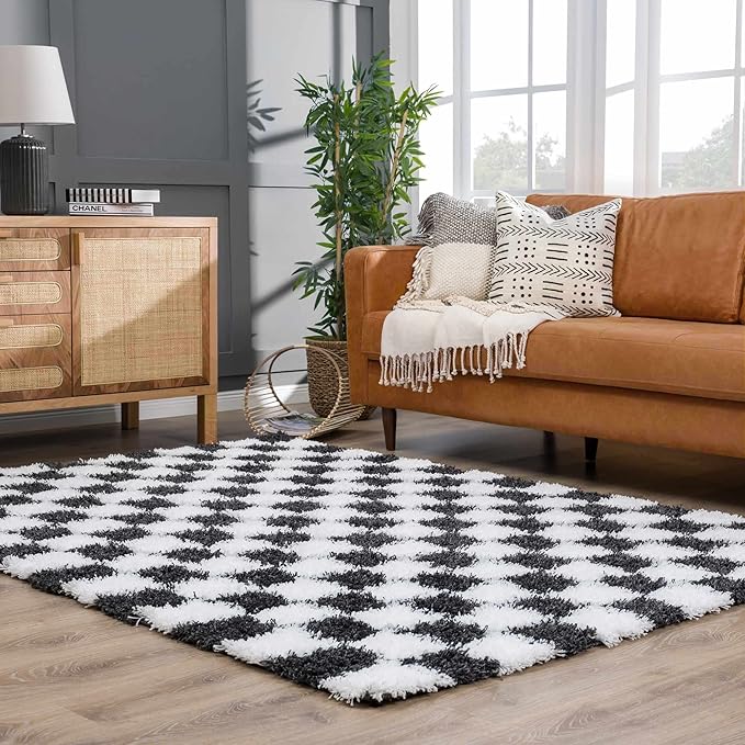 Hauteloom Atira Contemporary Checkered Fluffy Shag Area Rug - Modern Geometric Carpet Tiles for Living Room, Kids Room, Nursery - Plush Pile - Black, White - 7'10" x 10'3"