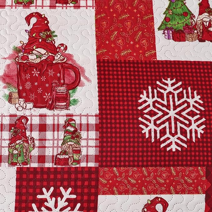 Christmas Quilt Set Queen Size Bedding - Red Plaid Xmas Bedspread With Gnome Decor, Holiday Lightweight Reversible Quilt
