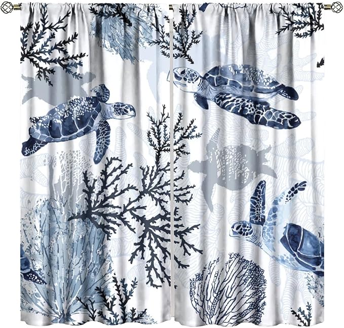 Coastal Nautical Curtains, Turtle Beach Sea Seashell Theme Pattern Blackout Print Home Bedroom Living Room Window Treatmen 2 Panel Set 55x63 Inch