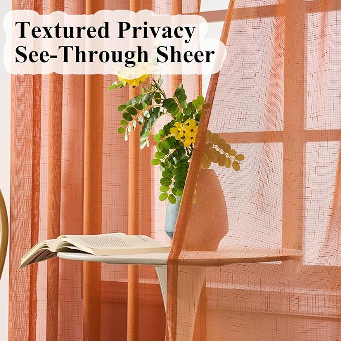 Burnt Orange Curtains Sheer 96 Inches Long, Rustic Linen Look Textured Light Filtering Drapes Decor, Western Boho Transparent Window Treatments, Pinch Pleat Curtain with Hooks