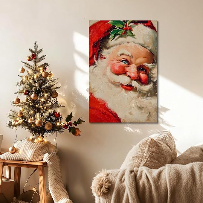 YONICA Christmas Canvas Wall Art Classic Santa 12x16 Inch Traditional Oil Painting Portrait - Large Framed Gallery Wrapped Living Room Art