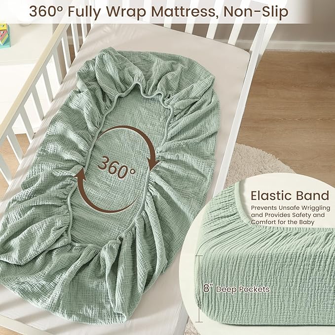 david's kids Muslin Crib Sheets for Boys Girls, 2 Pack 100% Cotton Soft Breathable Fitted Baby Neutral Sheet Set, Standard 52"x28" Crib and Toddler Mattress, Sage Green & Dusty Blue