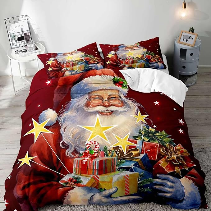 LUVIVIHOME 2PCS Christmas Santa Duvet Cover Twin Bedding Sets, Boys Girls Kids Bedding, Winter Holiday New Year Xmas Gifts Red Christmas Comforter Bedspread Quilt Cover, Bed in a Bag, 1 Pillow Sham