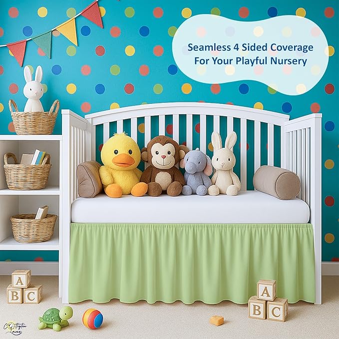 Cottington Lane Sage Crib Skirt Dust Ruffle, 100% Natural Cotton, Soft, Durable Nursery Crib Toddler Bedding Skirt for Baby Girls or Boys, Fits Standard Cribs 28" x 52" with 14" Drop