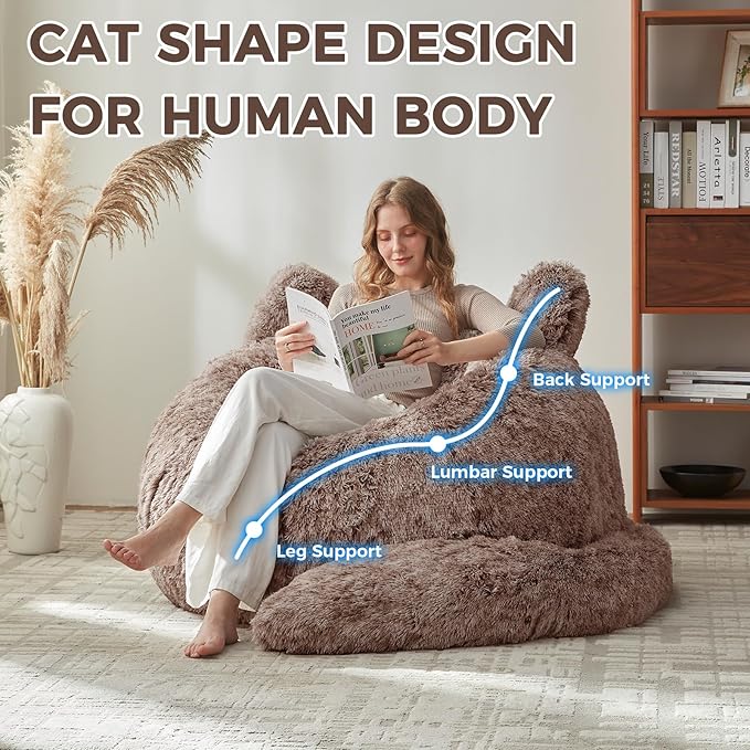Bean Bag Chair for Adults Teen,Giant Bean Bag Chairs Cat Design,Plush Faux Fur Beanbag Couch Comfy Accent Floor Sofa for Reading, Playing, Relaxing in Living Room, Bedroom
