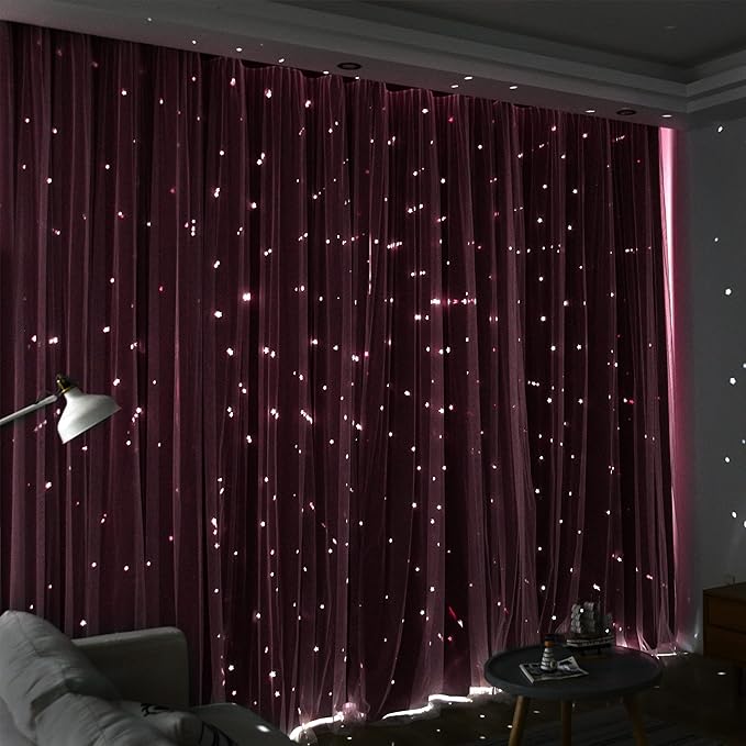 Kinryb Kids Blackout Curtains for Bedroom/Living Room/Classroom, Sheer Overlay 2 Free Tiebacks, Double Layer Curtains with Star Cutout for Kids Room(Each Piece W 70 x L 84 Inches 2 Pcs Red)