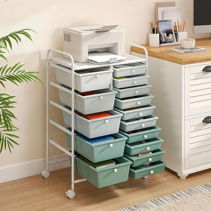 RELAX4LIFE 15-Drawer Storage Drawer Carts - Mobile Rolling Utility Cart w/Wheels, Craft Organizer for Classroom Organization and Storage, School, Office, Home, Storage Organizer Cart (Gradient Green)