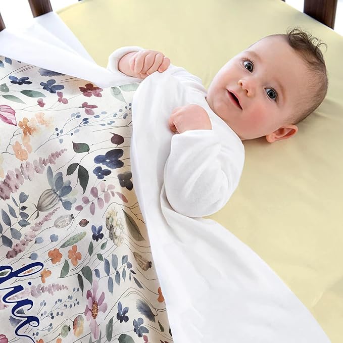 Ship Next Day, Personalized Baby Blanket for Girls, Custom Baby Girl Blanket with Name Retro Flowers, Newborn Receiving Swaddle Blankets, Customized Babies Shower Christmas Birthday Gifts