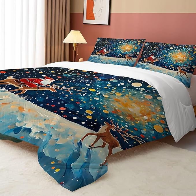 Christmas Comforter Set Twin: Blue Galaxy Bedding Twin Size for Kids Girls Bedroom Festival Santa Claus Deer Moon Quilt Set 1 Comforter & 1 Pillowcase