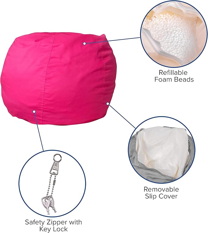 EMMA + OLIVER Small Solid Hot Pink Bean Bag Chair for Kids and Teens