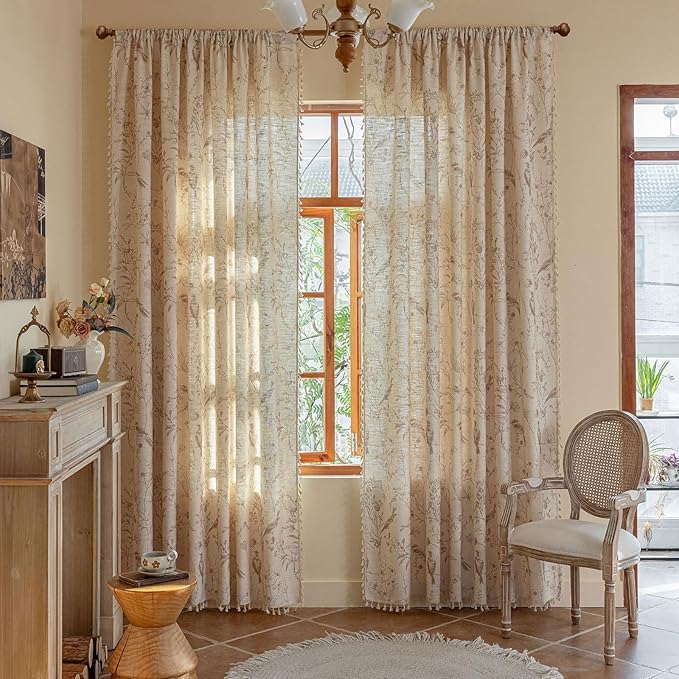 ENJOYBRIDAL Floral Curtains 96 Inches Long Farmhouse Semi Sheer Drapes Bird Patterned Rod Pocket 2 Panel Sets Boho Window Curtains Bedroom Living Room Botanical Aesthetic Decor Tassel Window Treatment