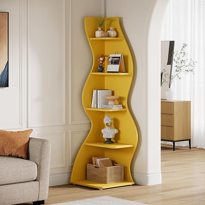 Tribesigns Wavy Corner Shelf, Modern 5-Tier Bookshelf Bookcase with Curvy Shape, Unique Plant Stand Display Rack for Living Room Small Space (Yellow)