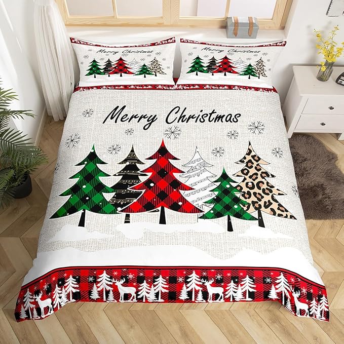 Xmas Trees Duvet Cover Set Queen Size, Merry Christmas Bedding Set 3pcs for Kids Boys Girls, Pine Trees Snowflake Deers Comforter Cover Soft Polyester Quilt Cover with 2 Pillowcases,No Comforter