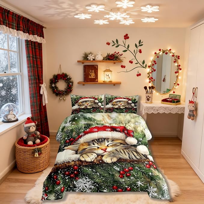 Xmas Cat Comforter Set King Size,Snowflake Holly Berries Winter Kids Bedding Set,Merry Christmas Poinsettia Animal Quilt Comforter,Green Yellow Duvet Insert,2 Pillowcases