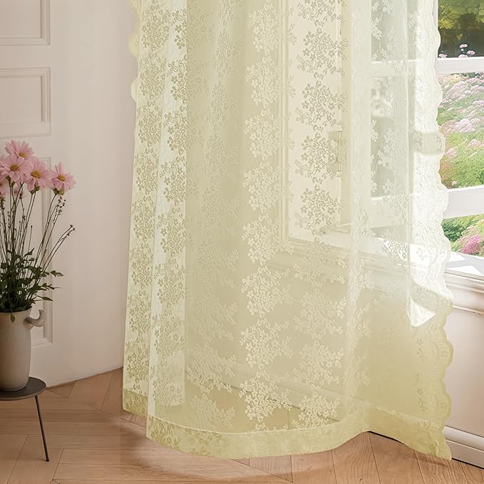 Anmao Vintage Lace Curtains 90 Inches Long 2 Panels Set, Romantic Elegant Light Filtering Semi Sheer Floral Thick Lacy Curtain Drapes for Living Room and Bedroom, Each Panel 55W x 90L, Cream Yellow