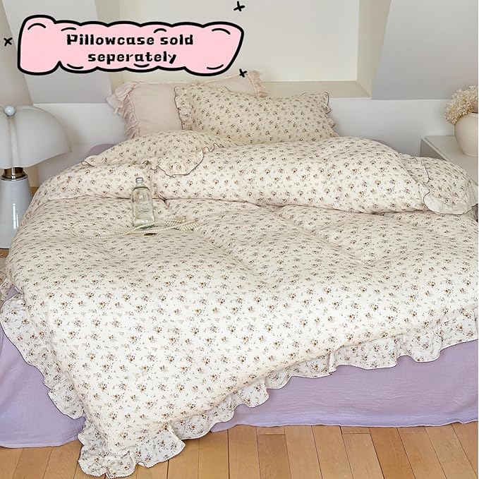 BuLuTu Full Duvet Cover 100% Cotton Muslin Duvet Covers Soft Breathable Comforter Cover Kids Girls Women Vintage Floral Bedding Quilt Cover with Ruffles, 79"x90", No Comforter