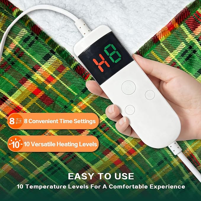 Electric Blanket Heated Twin, Soft Flannel 62"x84" Plaid Heating Blanket with 8 Hours Auto Off 10 Fast Heating Levels Machine Washable Sherpa Heated Blanket with Overheating Protection