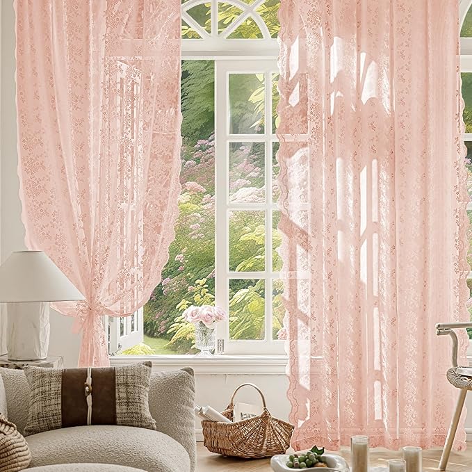 Anmao Vintage Lace Curtains 96 Inches Long 2 Panels Set, Romantic Elegant Light Filtering Semi Sheer Floral Thick Lacy Curtain Drapes for Living Room and Bedroom, Each Panel 55W x 96L, Blush Pink