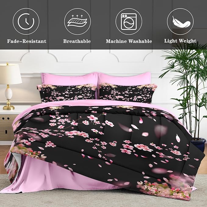 7 Pcs Full Size Comforter Set with 2 Pillowcases & 2 Shams, Tree Flower Floral Bedding for Kids and Adults, Pink Cherry Blossom Bed in a Bag with Flat Fitted Sheet