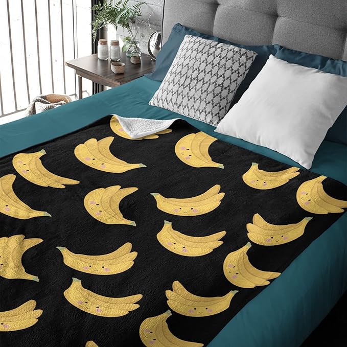 Thuswarm Cute Banana Kawaii Black Flannel Throw Blanket Warm Cozy Soft Funny Print Blankets for Bed Couch Sofa Room Decoration Gifts 50”×40” Small for Kid
