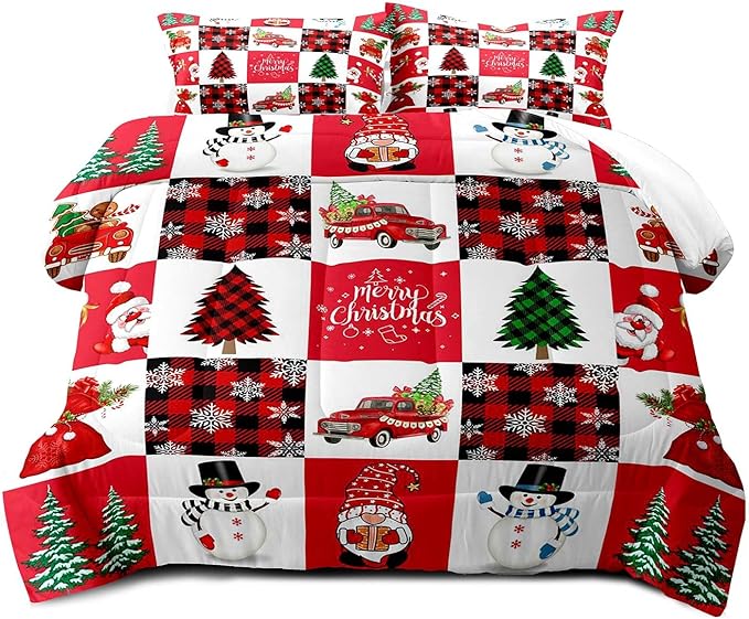 LUVIVIHOME 3PCS Merry Christmas Comforter Set King Size, Cartoon Cute Funny Santa Claus Snowman Gnome Truck White Red Black Plaid Bedding, Snowflake Xmas Tree Christmas Bedroom Decor, 2 Pillow Shams