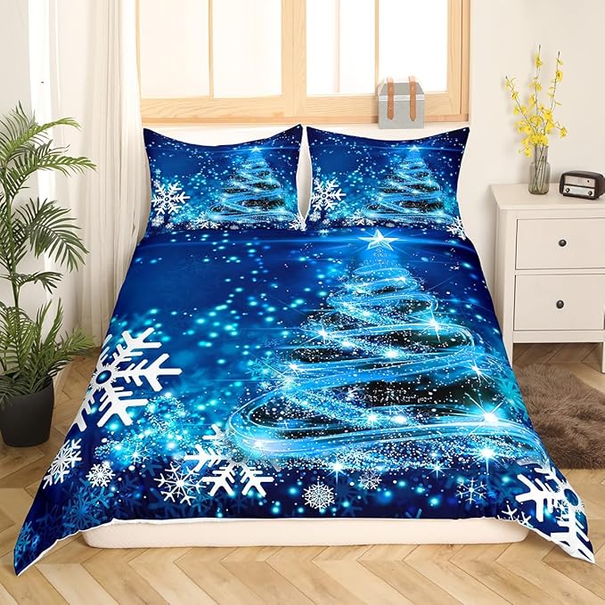 Manfei Blue Xmas Tree Duvet Cover Set Full Size, White Snowflake Print Comforter Cover with 2 Pillowcases, Christmas Theme Bedding Set 3pcs for Kids Boys Girls Bedroom Decor,No Comforter