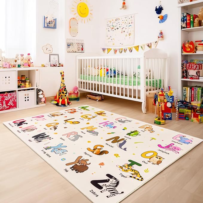 Kids Rugs for Playroom, 5x7 Feet Educational Rug for Learn The ABC Alphabet, Soft Machine Washable Non-Slip Cute Cartoon Animals Carpet for Classroom Toddler Nursery Kids Room Decor, Beige