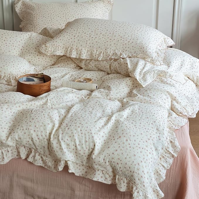 BuLuTu Chic Princess Duvet Cover Full for Teens Girls Pink Floral Comforter Cover 79"x90", Cotton Muslin Quilt Cover with Ruffles Vintage Cottage Bedding, Zipper Closure, No Pillow