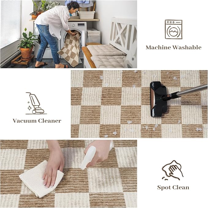 Machine Washable 5x7 Area Rugs for Living Room Checkered, Non Slip Soft Low Pile Farmhouse Geometric Modern Neutral Playroom Boys Rugs for Bedroom, Large Carpet Rugs for Dining Room(Brown,5'x7')