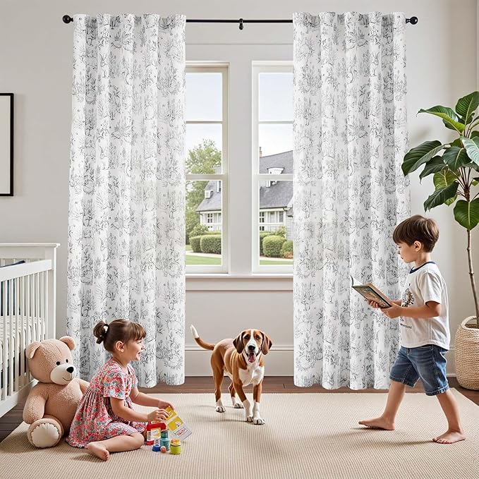 jinchan Linen Nursery Curtains 96 inch Long Woodland Wildlife Grey Print Drapes for Kid's Room Light Filtering French Country Farmhouse Gray Curtains with Bunny and Forest Design Set of 2 Panels