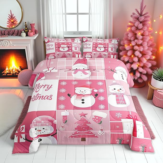 Xmas Comforter Set Twin Size,Snowman Christmas Tree Snowflake Bedding Set for Kids Boys Girls Room Decor,Pink Plaid Patchwork Quilt Set 2Pcs,Merry Christmas Cartoon Duvet Insert,1 Pillowcase