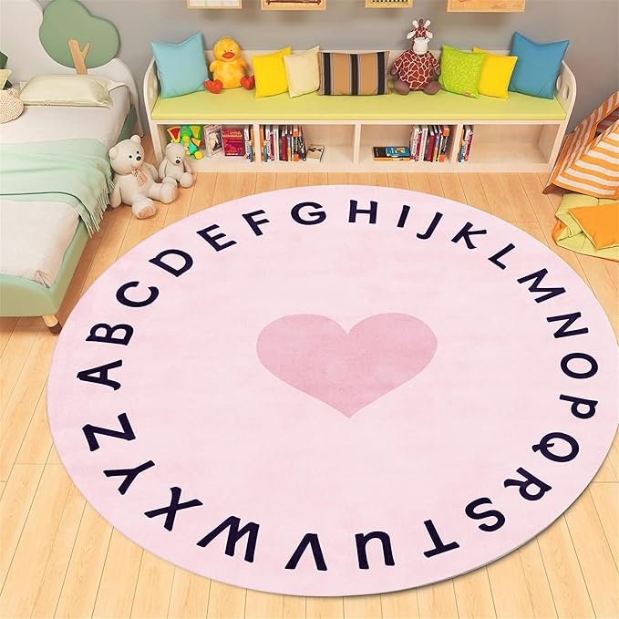 Super Soft Pink Round Rug,4ft,Children's ABC Letter Educational Learning Rug, Non-Slip Washable Nursery Rug, Children's Crawling Play Mat, Suitable for Boys And Girls Bedroom Playroom Decoration