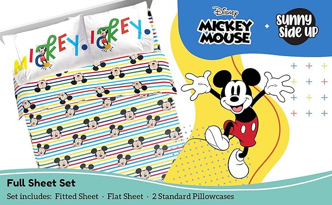 Sunny Side Up Disney Mickey Mouse Full Sheet Set - 4 Piece Kids Bedding Set Includes Pillow Cover - Super Soft Microfiber Sheets