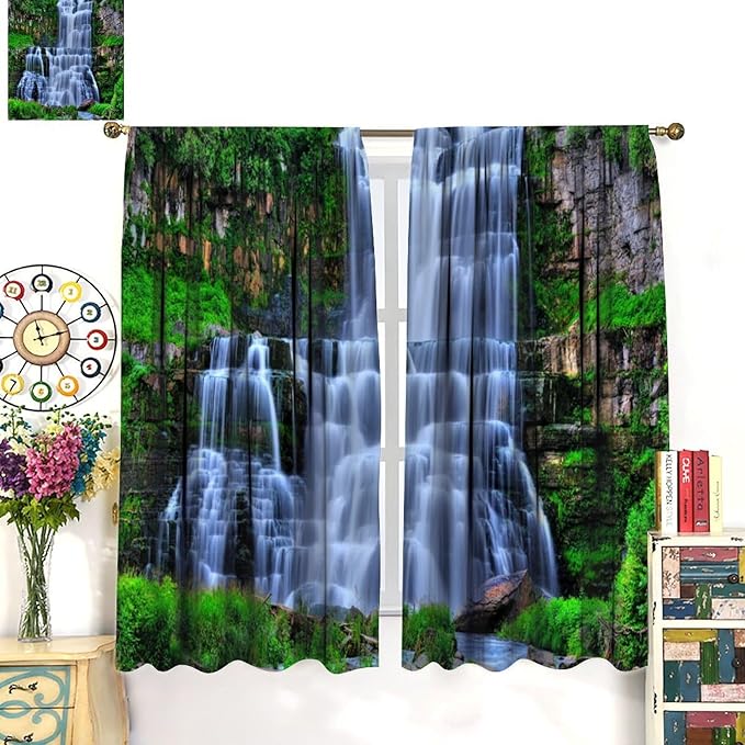 Nature Scenery Waterfall Blackout Curtains, Forest Waterfall Landscape Green Jungle Stone Falls Print Pattern Rod Pocket Window Drapes, for Bedroom Living Room 63" W X 63" L