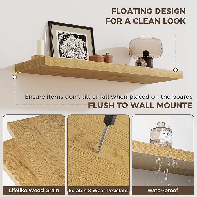 Fun Memories Deep Floating Shelves, 32W x 12D Oak Wall Shelves, 32 Long Rustic Wood Wide Storage Shelves for Bedroom, Kitchen, Farmhouse, Laundry Room, Bedroom, Kitchen, Home Office- Set of 3