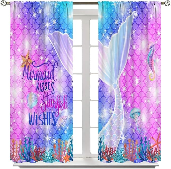 Kids Fantasy Mermaid Curtains Dream Colorful Mermaid Fish Tail Scale Fantasy Ocean Theme Window Treatment for Girls Bedroom Nursery Room Decor Window Drapes 84" W X 84" L