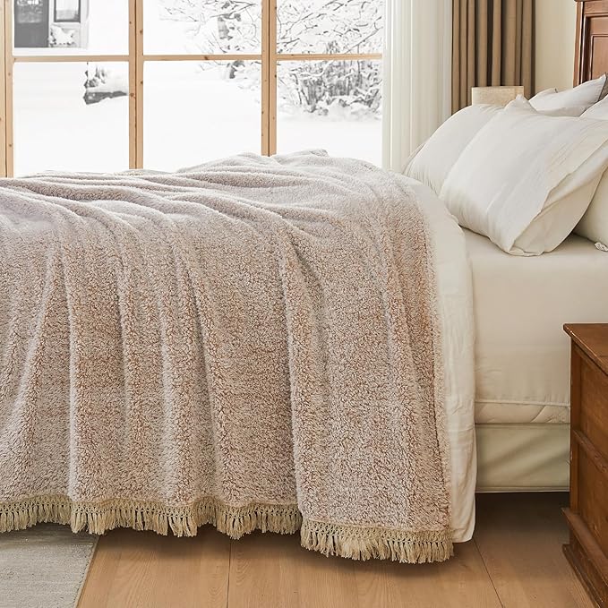 EMME Soft Sherpa Fleece Blanket with Tassel, Reversible Plush Fluffy Large Blanket, Light Weight Warm Decorative Boho Blanket Cover for Sofa, Couch, Bedroom,Travel(Tassel Khaki,90"x90")