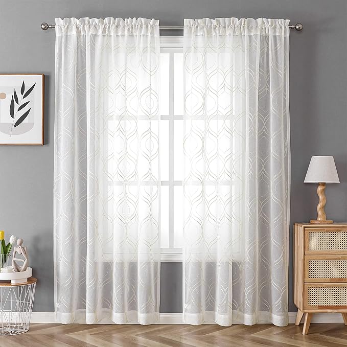 VISIONTEX White Sheer Curtains 72 Inches Long 2 Panels Set Beige Moroccan Embroidered Curtains Trellis French Textured Rod Pocket Voile Tulle Semi Window Drapes for Bedroom Living Room 54 x 72 Inches