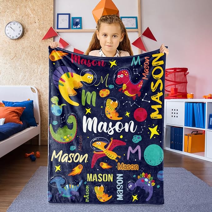 Custom Dinosaur Blanket for Boys, Personalized Name Blanket for Kids Dino Outspace, Soft Flannel Dinosaur Customized Gift for Birthday Christmas Baby Shower Children Day 40"x50"