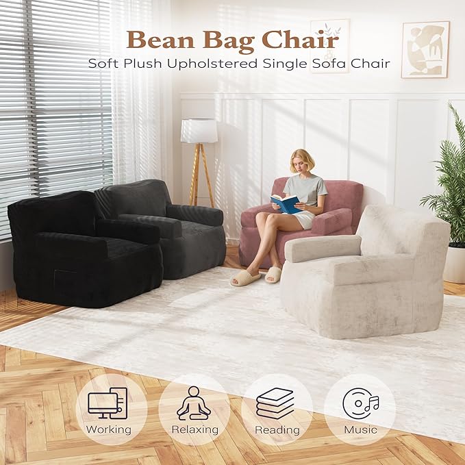 Giant Bean Bag Chair for Adults, Plush Big Bean Bag Lounger Chair with Shredded Foam Filling, Oversized Comfy Floor Sofa Couch with Side Pocket for Bedroom Living Room, Pink