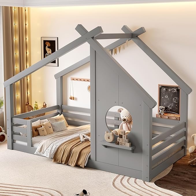 Polibi Twin Size House Floor Bed with Window and a Small Shelf, Solid Wood Low Profile Floor Bed for Kids, No Box Spring Needed, Grey