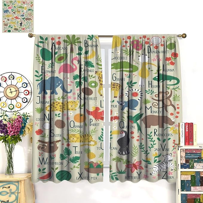 Kid Alphabet Curtains Funny Cartoon Animal Cute Educational Learning Colorful Curtain with Rod Pocket for Bedroom Living Room Decor Drapes Window Treatments 2 Panels Set 42" W X 45" L